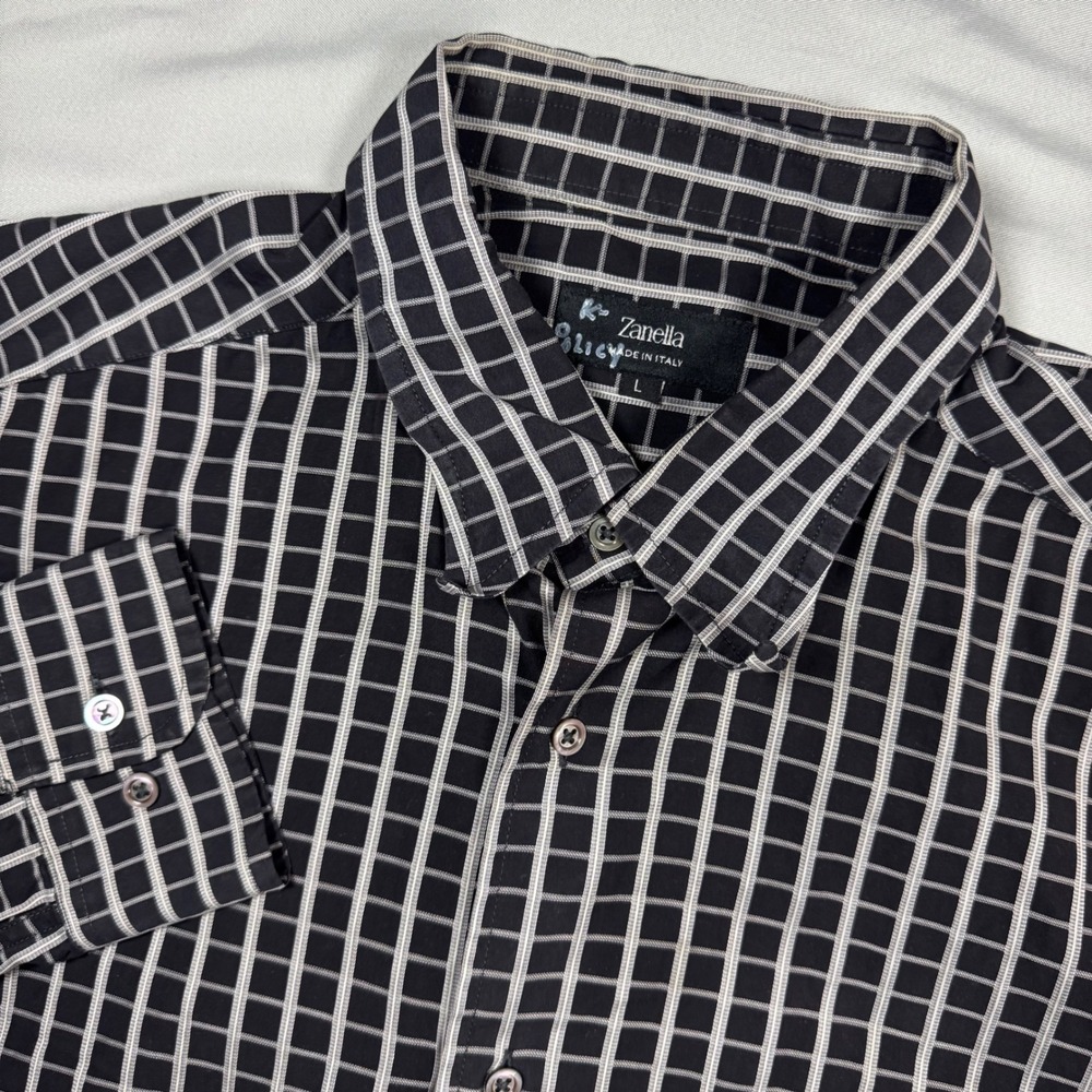 Zanella Black White Plaid Button Down Shirt Mens L Italian Career Luxury